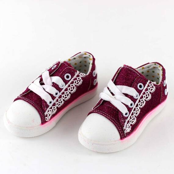 ​Tenisi de copii, ornati cu glitter si danteluta 88-8-FUXIA, Culoare (12): Alb, Fucsia, Marime (12): 34 - 4- Roveli