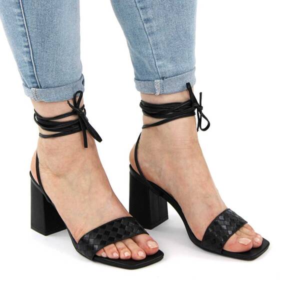 ​Sandale de dama, elegante, cu snururi si toc mediu, gros si patrat NN30-5-BLACK, Culoare (12): Negru, Marime (12): 40 - 4- Roveli