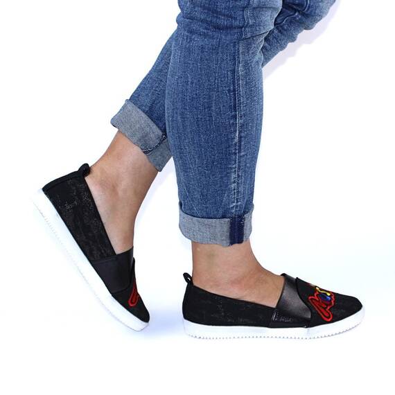 Espadrile de dama, din denim, brodate, cu banda elastica P208-1-BLACK, Culoare (12): Alb, Negru, Multicolor, Marime (12): 38 - 4- Roveli