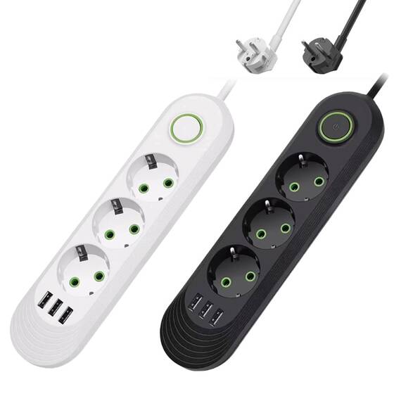 Prelungitor 2 metri, 3 prize, 3 x slot USB, 2500W, doua culori - - Roveli