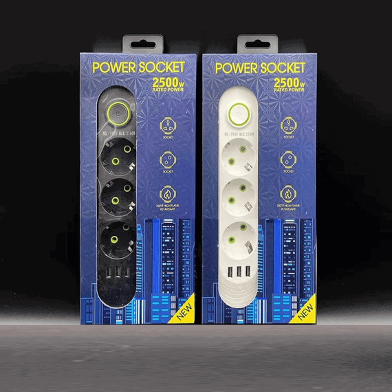 Prelungitor 2 metri, 3 prize, 3 x slot USB, 2500W, doua culori - 6- Roveli