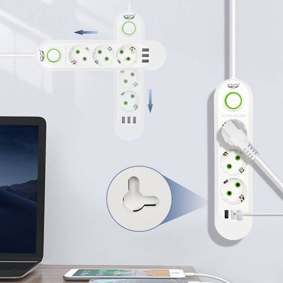 Prelungitor 2 metri, 3 prize, 3 x slot USB, 2500W, doua culori - 7- Roveli