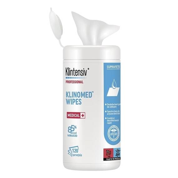 Servetel dezinfectant suprafete, 85% alcool, TUB 120 bucati KLINOMED WIPES - - Roveli