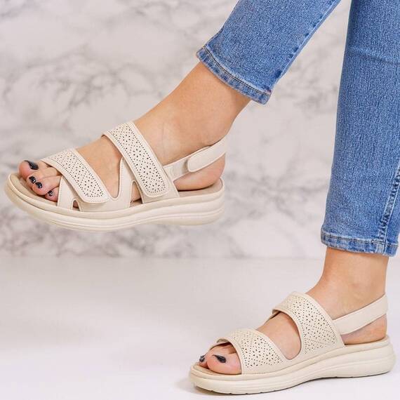 Sandale dama cu talpa joasa din piele ecologica Bej Hanya, Culoare (12): Bej, Marime (12): 39 - - Roveli