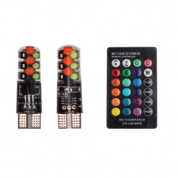Set 2 x becuri auto colorate pozitie T10, telecomanda, 12V, 6LED - - Roveli