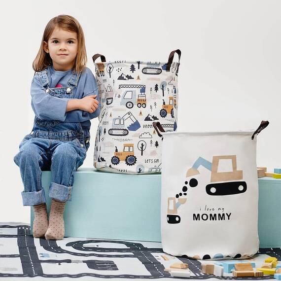 Cos Pliabil Pentru Jucarii, Rufe, Bumbac Canvas, Impermeabil, SIPO, 35x42 cm, Bumbac, 43l, Mini Trucks - 5- Roveli