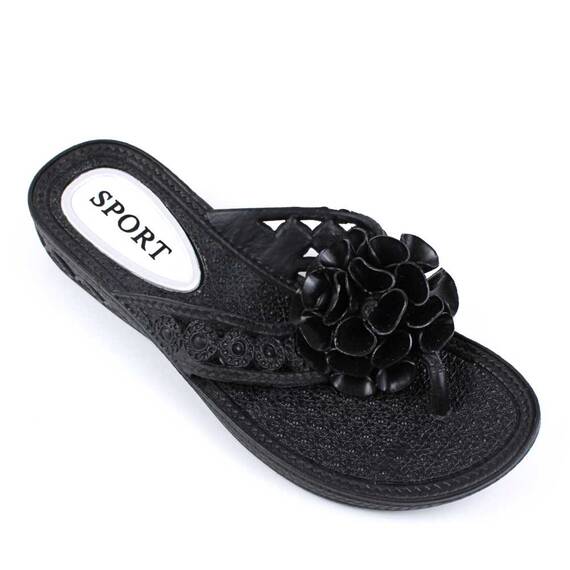 ​Papuci de dama, flip -flop , cu decor floare LB-A52-BLACK, Culoare (12): Negru, Marime (12): 39 - - Roveli