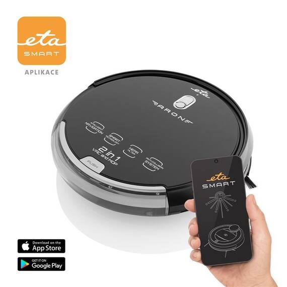 Robot aspirator cu mop ETA Aron 2512 90000, Wi-Fi, baterie Li-Ion 14.4 V, 300 ml, autoincarcare, navigare giroscopica, negru - - Roveli