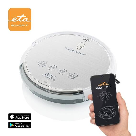 Robot aspirator cu mop ETA Aron 3512 90000, Wi-Fi, baterie Li-Ion 14.4 V, 300 ml, autoincarcare, navigare giroscopica, alb - - Roveli