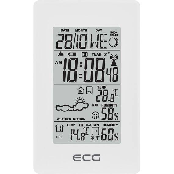 Statie meteo interior-exterior ECG MS 100 White, senzor extern fara fir, LCD, ceas, alarma - - Roveli