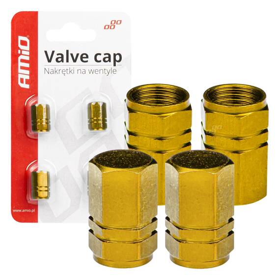 Set 4 capacele auto pentru ventil, din aluminiu, model Hexagon, culoare Galben - - Roveli