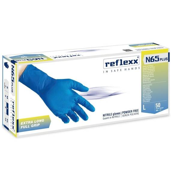 Manusi din Nitril nepudrate Extra-Long Blue Full Grip REFLEXX N65 Plus 29cm, Marime (288): S - 2- Roveli