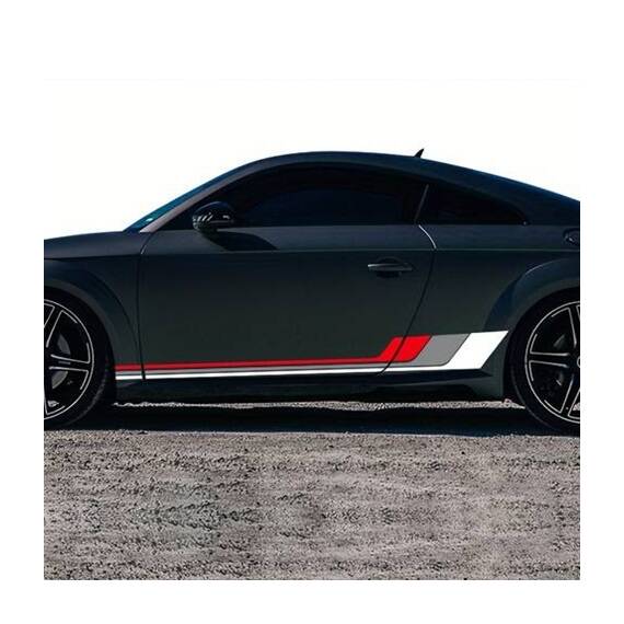 Set 2 stickere autoadezive Tuning, model "Racing Stripes V2", dimensiune 180 x 16,5 cm, culoare Alb + Gri + Rosu - - Roveli
