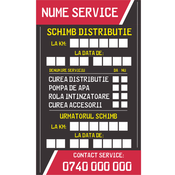 Set 200 etichete autoadezive Personalizate, model "Schimb Curea Distributie", dimensiune 10cm x 6cm - - Roveli