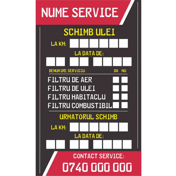 Set 200 etichete autoadezive Personalizate, model "Schimb Ulei Motor", dimensiune 10cm x 6cm - - Roveli