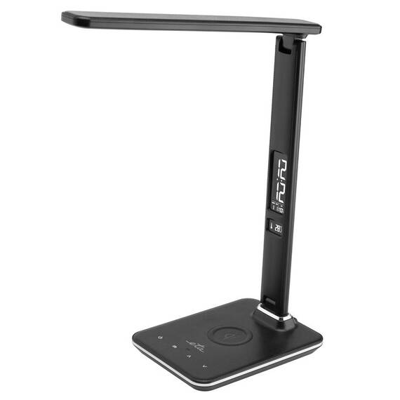 Lampa LED de birou ETA 1893 90000, 6.5 W, brat flexibil, LCD afisare ora si data, alarma, baza pentru incarcare wireless a telefonului - - Roveli