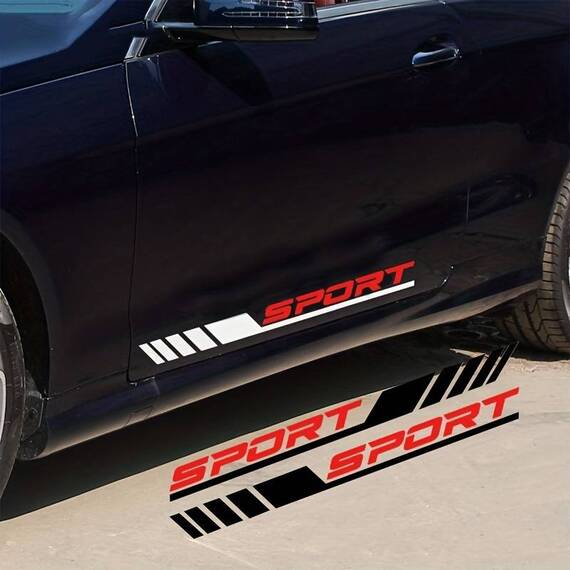 Set 2 stickere autoadezive Tuning in doua culori, model "Racing Stripes V3", dimensiune 58 cm, culoare Alb + Rosu - - Roveli