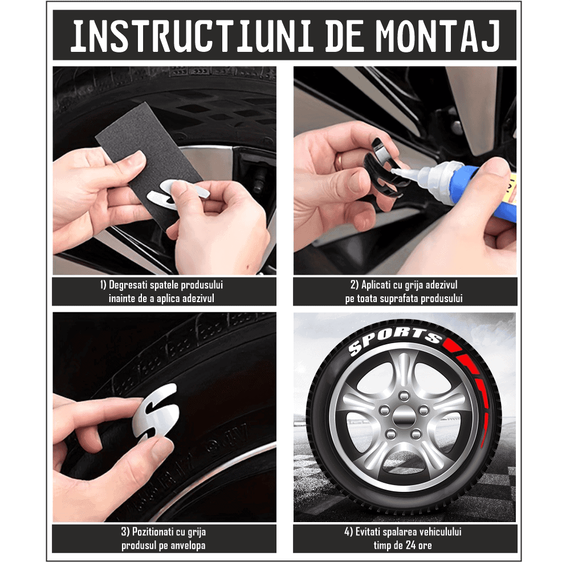 Kit inscriptionare anvelope auto, 16 elemente reliefate din cauciuc, culoare, Alb & Rosu, model SPORTS & STRIPES - 4- Roveli