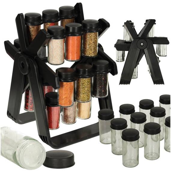 Organizator de condimente cu 18 containere cu suport rotativ pentru bucatarie, culoare neagra - - Roveli