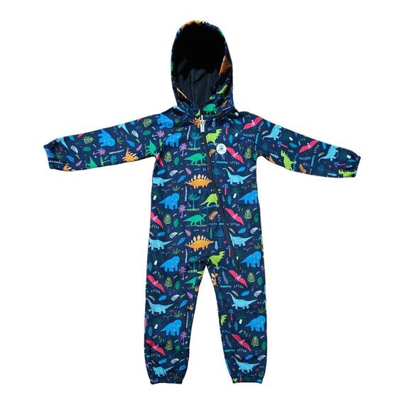 Salopeta pentru copii din material softshell Kidscare, cu protectie la vant si ploaie cu imprimeu Dinozauri navy - - Roveli