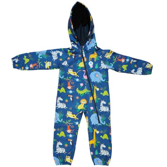 Salopeta pentru copii din material softshell Kidscare, cu protectie la vant si ploaie cu imprimeu Savana Blue - - Roveli