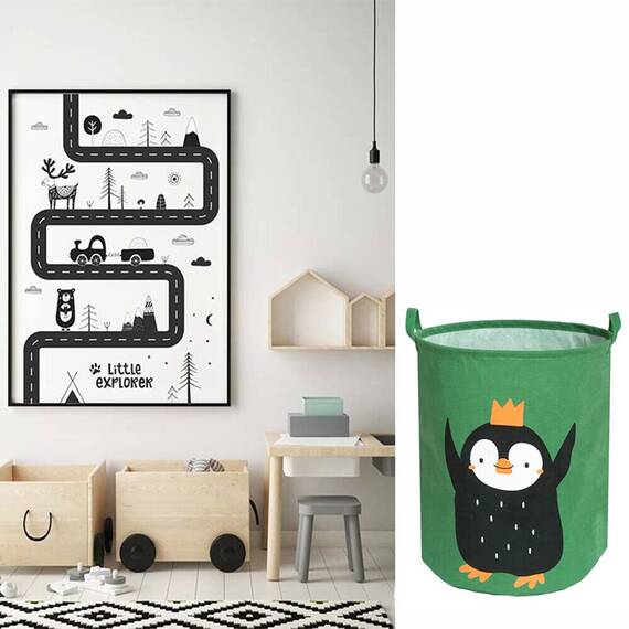 Cos Pliabil Pentru Jucarii, Rufe, Bumbac Canvas, Impermeabil, SIPO, 35x42 cm, Bumbac, 43l, Pinguin - 3- Roveli