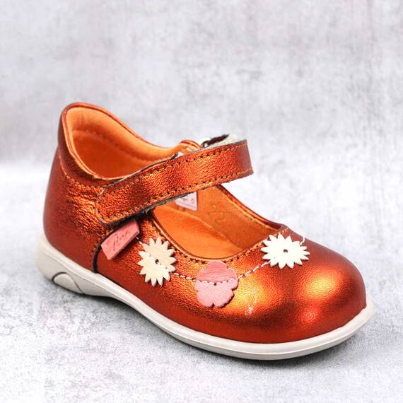 Pantofi usori , de copii , din piele naturala , decorati cu flori  PRIMII PASI  7186-PORTOCALIU, Marime (12): 20 - - Roveli