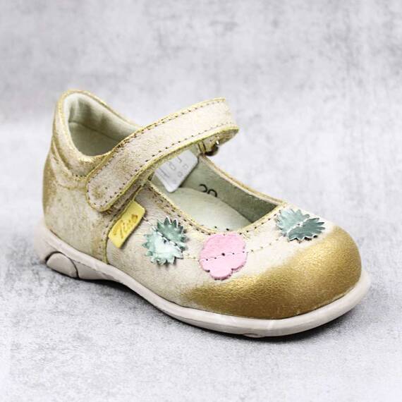 Pantofi usori , de copii , din piele naturala , decorati cu flori  PRIMII PASI  7186-MUSTAR/MUSTAR, Marime (12): 20 - - Roveli