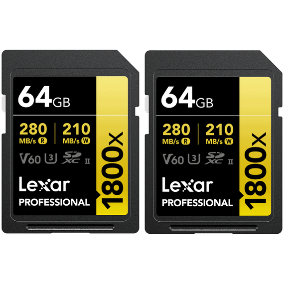 Lexar SDXC Pro 1800x U3 UHS-II R280/W210 (V60) 64GB - 2pack - - Roveli