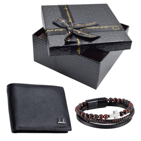 Set cadou portofel piele naturala, bratara cu cruciulita, cutie - - Roveli