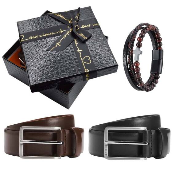 Set curea de piele naturala maro sau neagra, bratara cu cruce - - Roveli