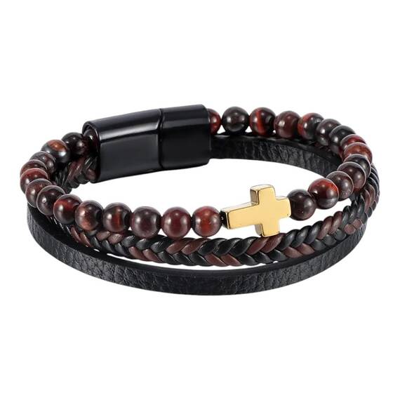 Set curea de piele naturala maro sau neagra, bratara cu cruce - 17- Roveli