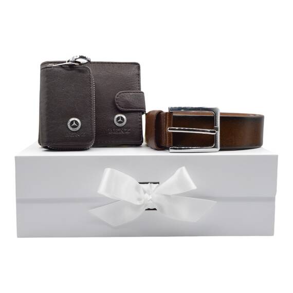 Set curea piele, portofel, husa chei, sigla Mercedes, negru/maro - 13- Roveli