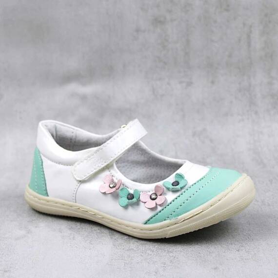 Pantofi usori , de copii , decorati cu flori , din piele naturala 1793-TURCOAZ/ALB, Culoare (12): Alb, Bleu, Marime (12): 26 - - Roveli