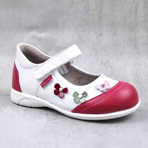Pantofi usori , de copii , decorati cu flori , din piele naturala 1793-ALB/BORDO3, Culoare (12): Bordo, Marime (12): 24 - - Roveli