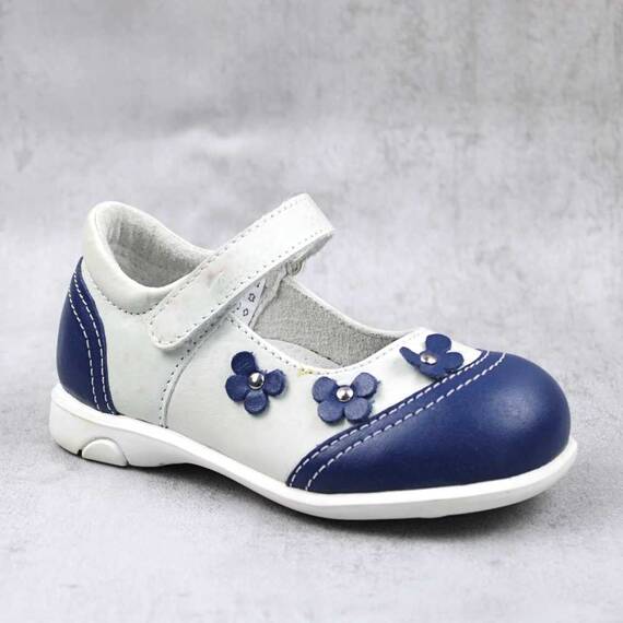 Pantofi usori , de copii , decorati cu flori , din piele naturala 1793-BLEU/ALB, Culoare (12): Alb, Bleumarin, Marime (12): 25 - - Roveli