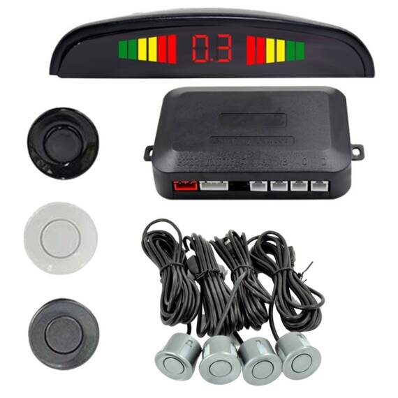 Set 4 Senzori de parcare auto, afisaj LED 12V, negru, gri sau alb - - Roveli