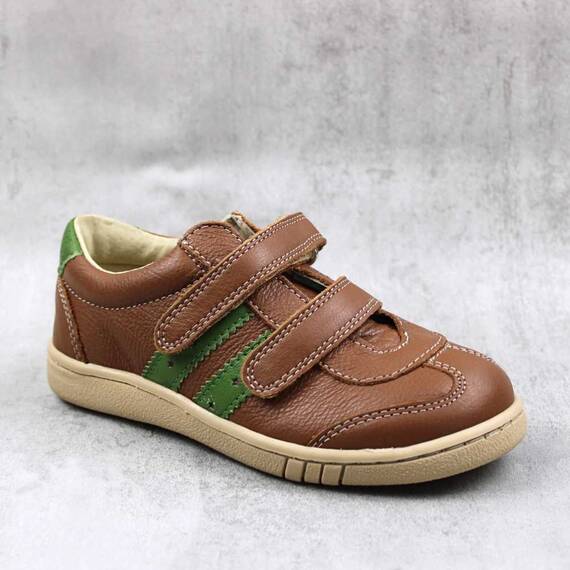 Pantofi sport , pentru copii , din piele naturala , cu talpa cusuta 3229-COGNAC/VERDE3, Culoare (12): Maro, Marime (12): 26 - - Roveli