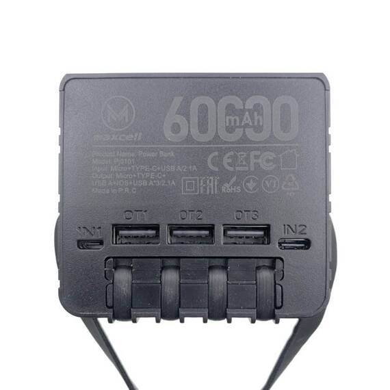 Baterie externa, Power bank USB-A, Micro-USB, Lightning si Type-C cu display LED, Maxcell : Culoare - negru, Marime - 60000 mAh - 5- Roveli