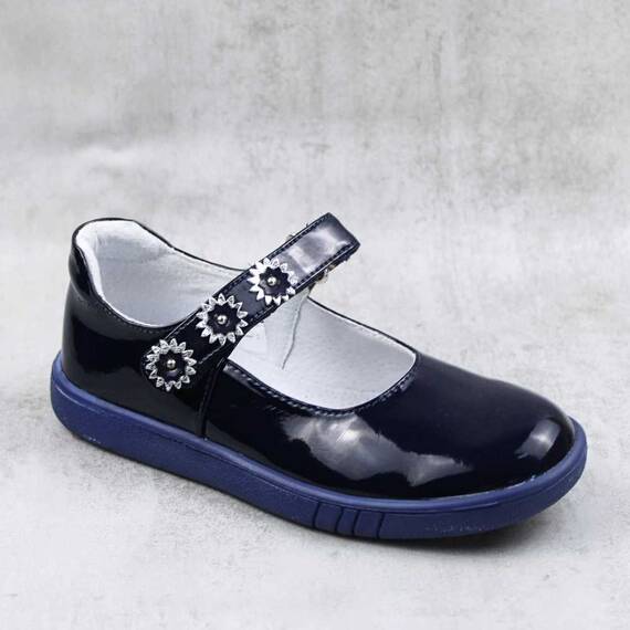 Pantofi usori , de copii , din lac sintetic , cu bareta cu flori  1527-BLEUMARIN1, Culoare (12): Bleumarin, Marime (12): 31 - - Roveli
