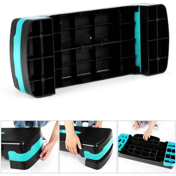 Stepper 68x28 cm, pentru fitness, aerobic si cardio, 2 niveluri de inaltime, Negru-Turcoaz - 4- Roveli