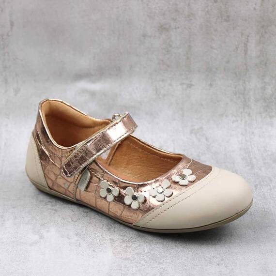 Pantofi usori , de copii , din piele naturala, cu flori 1793-AURIU/BEJ/B, Culoare (12): Bronz, Marime (12): 31 - - Roveli