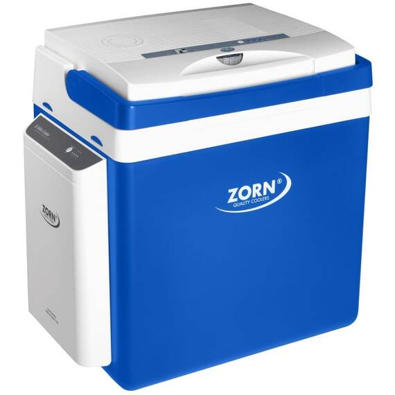 Lada frigorifica auto si camping ZORN Z 26 LNE, 25 litri, alimentare 12V/230V + acumulator extern Li-ion 7.8 Ah, racire-incalzire, alb-albastru - - Roveli