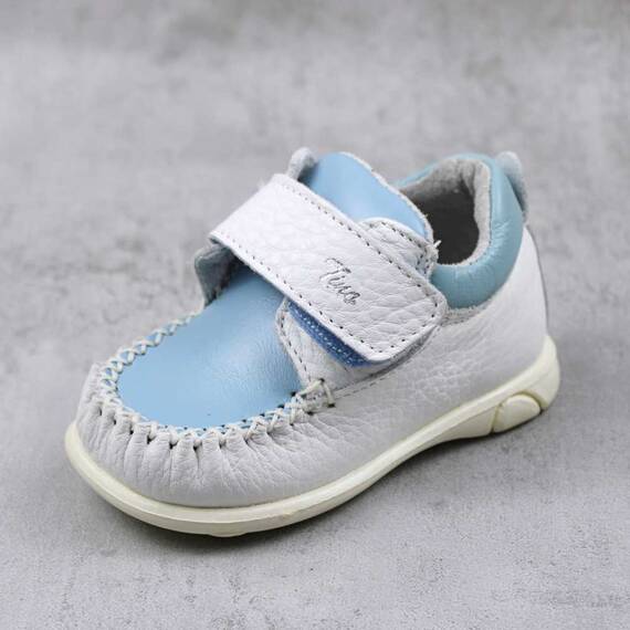 Pantofi " PRIMII PASI ", din piele naturala , moi si usori 369-ALB/BLEU, Culoare (12): Bleu, Marime (12): 21 - - Roveli