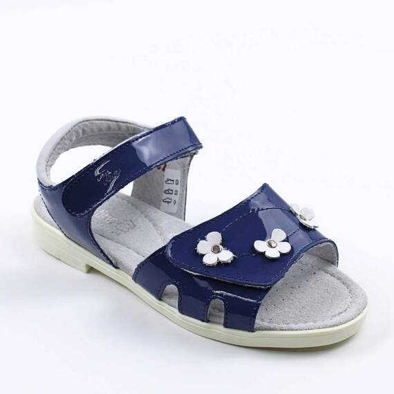 Sandale din piele naturala , lacuita , pentru fetite , decorate cu flori  1833F-BLEUMARIN, Culoare (12): Bleumarin, Marime (12): 32 - - Roveli