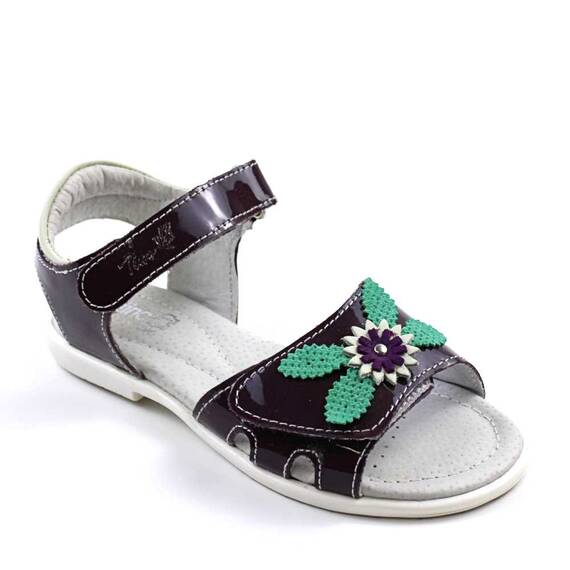 Sandale din piele naturala , lacuita , pentru fetite , decorate cu flori  1833-BORDO, Marime (12): 34 - - Roveli