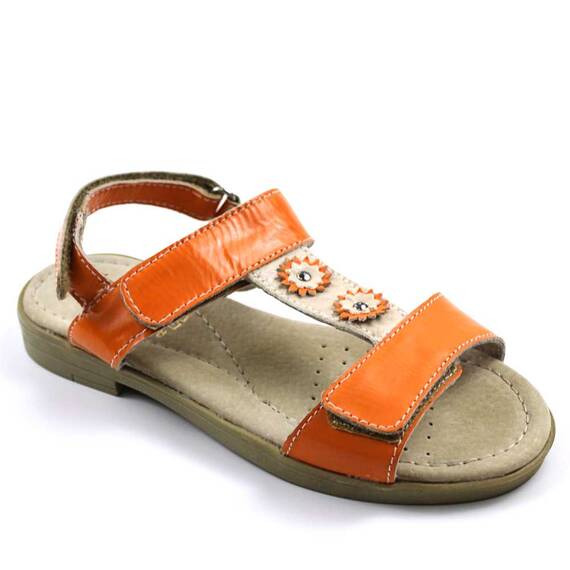 Sandale din piele naturala , lacuita , pentru fetite , decorate cu flori  7202-BEJ/BEJ, Culoare (12): Portocaliu, Marime (12): 33 - - Roveli