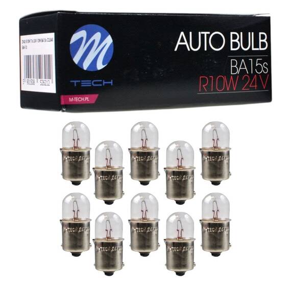 Set 10 becuri auto filament tungsten, R10W/BA15s, 24V, 10W, T16 - - Roveli