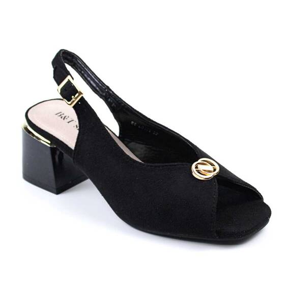 ​Sandale elegante de dama , cu toc mediu , patrat si accesoriu auriu SS-LE108-BLACK, Culoare (12): Negru, Marime (12): 36 - - Roveli
