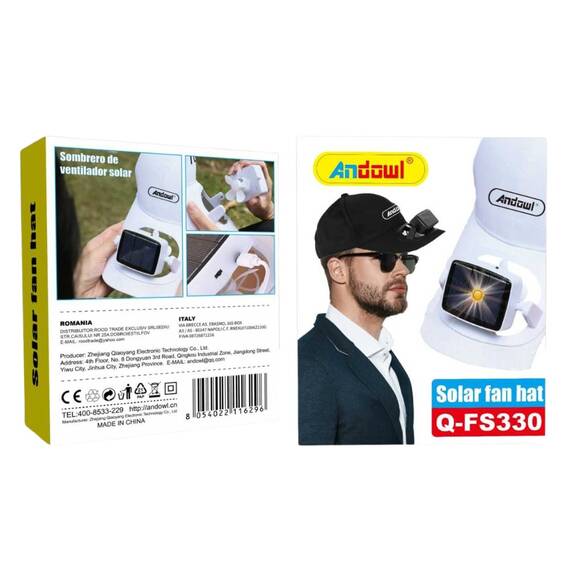 Sapca cu ventilator, panou solar integrat, USB, reglabila, alba - 2- Roveli